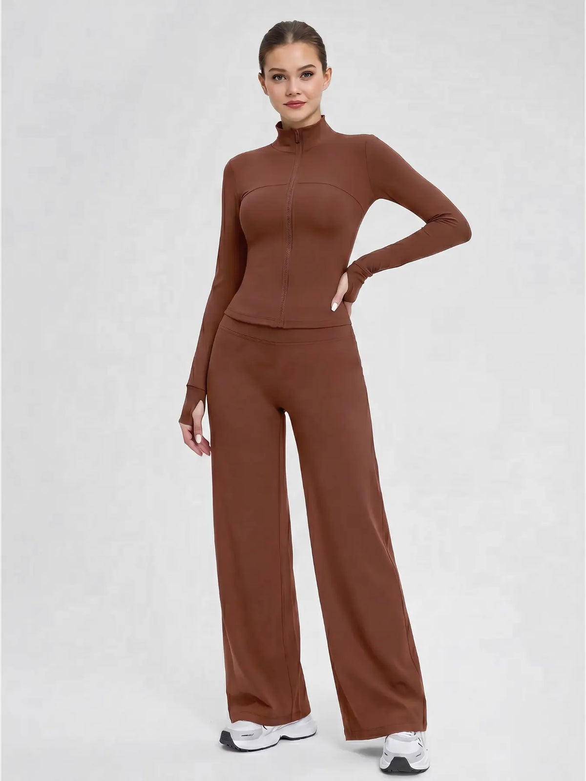 Nude Solid Color Shaping Yoga Set with Stand Collar and Zipper, High Elastic Activewear, High Waist Wide Leg Pants, Quick Dry Women's Workout Ensemble