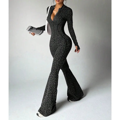 Women's High Waist Leopard Print Yoga Suit - Seamless Slim-Fit Sportswear with Long Sleeve Zipper for Yoga and Running