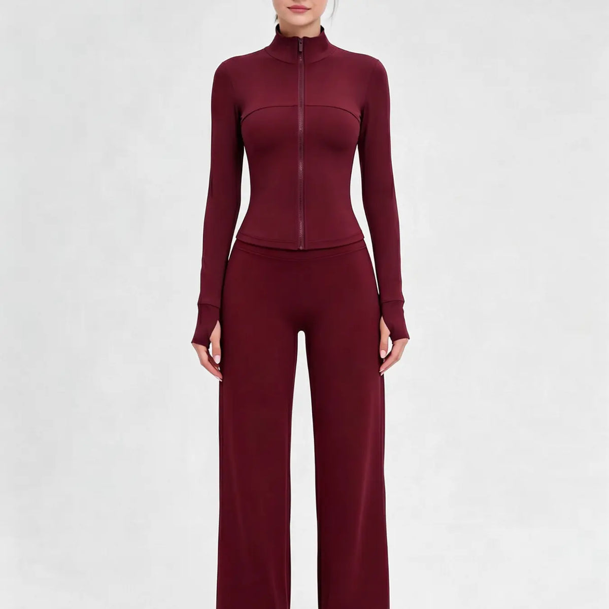 Nude Solid Color Shaping Yoga Set with Stand Collar and Zipper, High Elastic Activewear, High Waist Wide Leg Pants, Quick Dry Women's Workout Ensemble