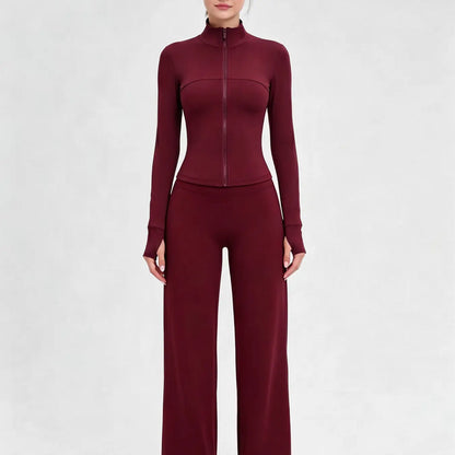 Nude Solid Color Shaping Yoga Set with Stand Collar and Zipper, High Elastic Activewear, High Waist Wide Leg Pants, Quick Dry Women's Workout Ensemble