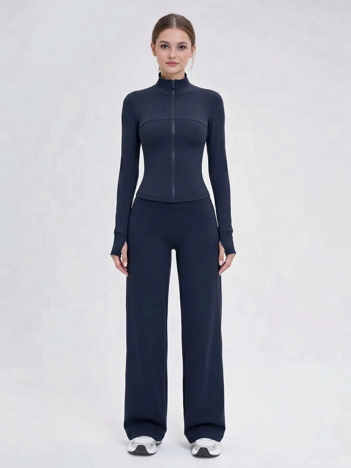 Nude Solid Color Shaping Yoga Set with Stand Collar and Zipper, High Elastic Activewear, High Waist Wide Leg Pants, Quick Dry Women's Workout Ensemble