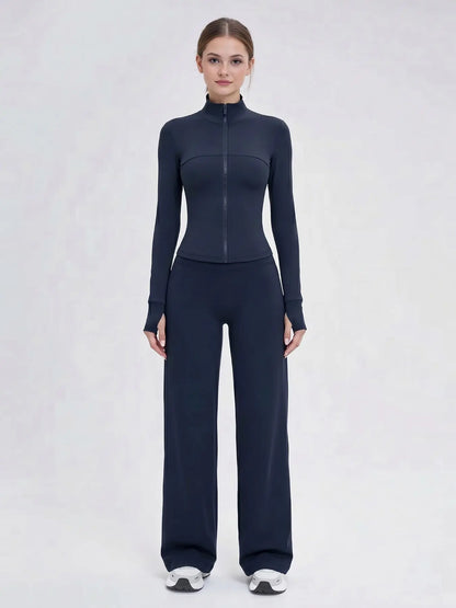 Nude Solid Color Shaping Yoga Set with Stand Collar and Zipper, High Elastic Activewear, High Waist Wide Leg Pants, Quick Dry Women's Workout Ensemble