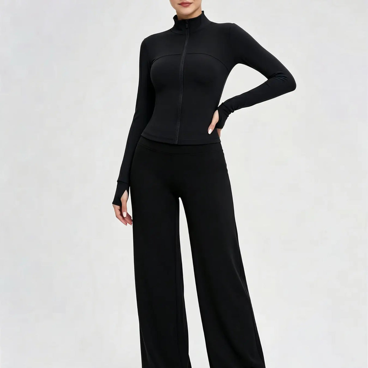 Nude Solid Color Shaping Yoga Set with Stand Collar and Zipper, High Elastic Activewear, High Waist Wide Leg Pants, Quick Dry Women's Workout Ensemble