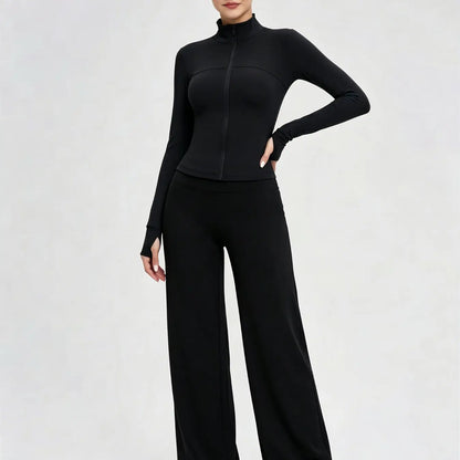 Nude Solid Color Shaping Yoga Set with Stand Collar and Zipper, High Elastic Activewear, High Waist Wide Leg Pants, Quick Dry Women's Workout Ensemble