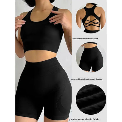 Women's 2-Piece High-Stretch Seamless Yoga Set - Quick-Dry Sports Bra and Shorts for Activewear and Fitness Activities