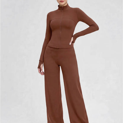 Nude Solid Color Shaping Yoga Set with Stand Collar and Zipper, High Elastic Activewear, High Waist Wide Leg Pants, Quick Dry Women's Workout Ensemble