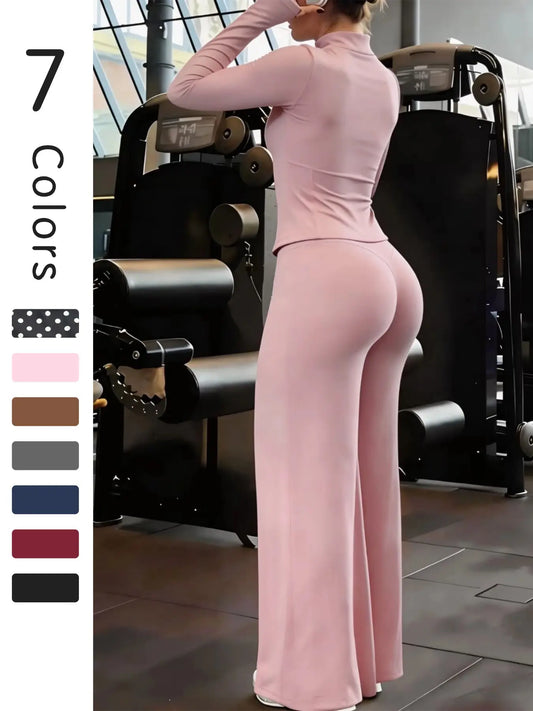 Nude Solid Color Shaping Yoga Set with Stand Collar and Zipper, High Elastic Activewear, High Waist Wide Leg Pants, Quick Dry Women's Workout Ensemble