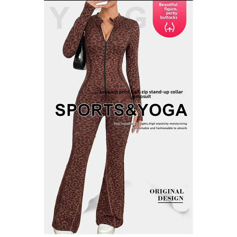 Women's High Waist Leopard Print Yoga Suit - Seamless Slim-Fit Sportswear with Long Sleeve Zipper for Yoga and Running