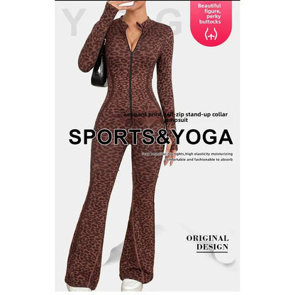 Women's High Waist Leopard Print Yoga Suit - Seamless Slim-Fit Sportswear with Long Sleeve Zipper for Yoga and Running