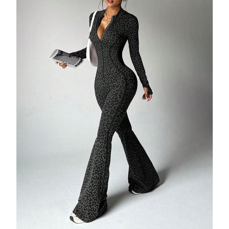 Women's High Waist Leopard Print Yoga Suit - Seamless Slim-Fit Sportswear with Long Sleeve Zipper for Yoga and Running
