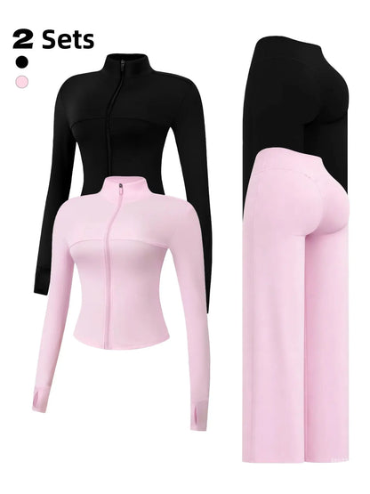 Nude Solid Color Shaping Yoga Set with Stand Collar and Zipper, High Elastic Activewear, High Waist Wide Leg Pants, Quick Dry Women's Workout Ensemble
