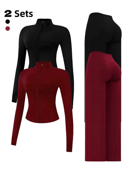 Nude Solid Color Shaping Yoga Set with Stand Collar and Zipper, High Elastic Activewear, High Waist Wide Leg Pants, Quick Dry Women's Workout Ensemble