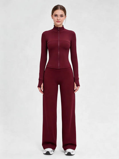 Nude Solid Color Shaping Yoga Set with Stand Collar and Zipper, High Elastic Activewear, High Waist Wide Leg Pants, Quick Dry Women's Workout Ensemble