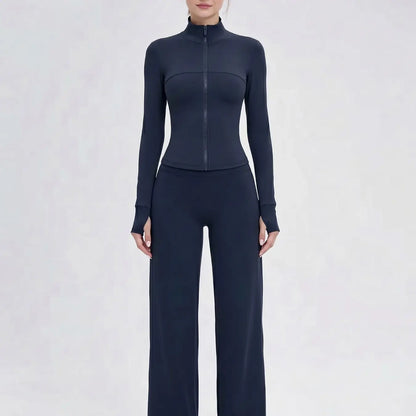 Nude Solid Color Shaping Yoga Set with Stand Collar and Zipper, High Elastic Activewear, High Waist Wide Leg Pants, Quick Dry Women's Workout Ensemble