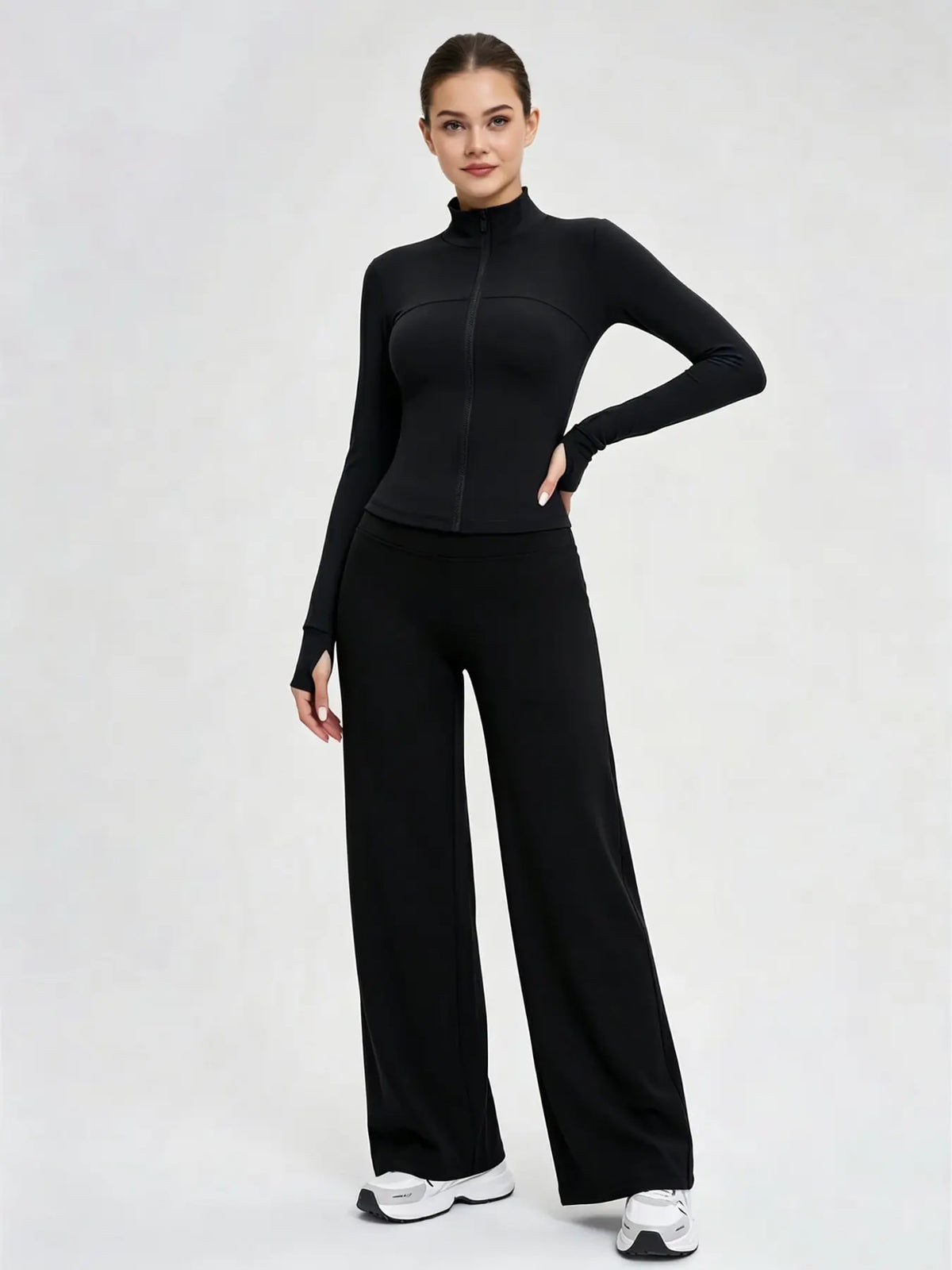 Nude Solid Color Shaping Yoga Set with Stand Collar and Zipper, High Elastic Activewear, High Waist Wide Leg Pants, Quick Dry Women's Workout Ensemble