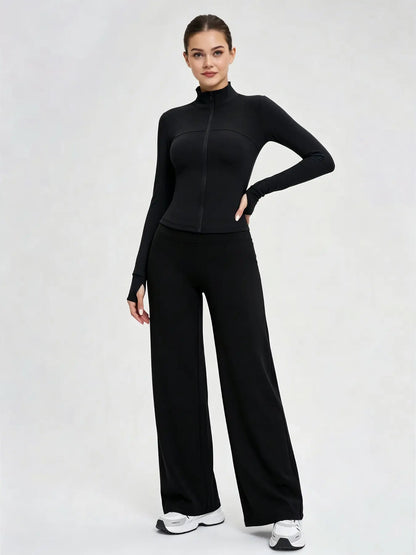 Nude Solid Color Shaping Yoga Set with Stand Collar and Zipper, High Elastic Activewear, High Waist Wide Leg Pants, Quick Dry Women's Workout Ensemble